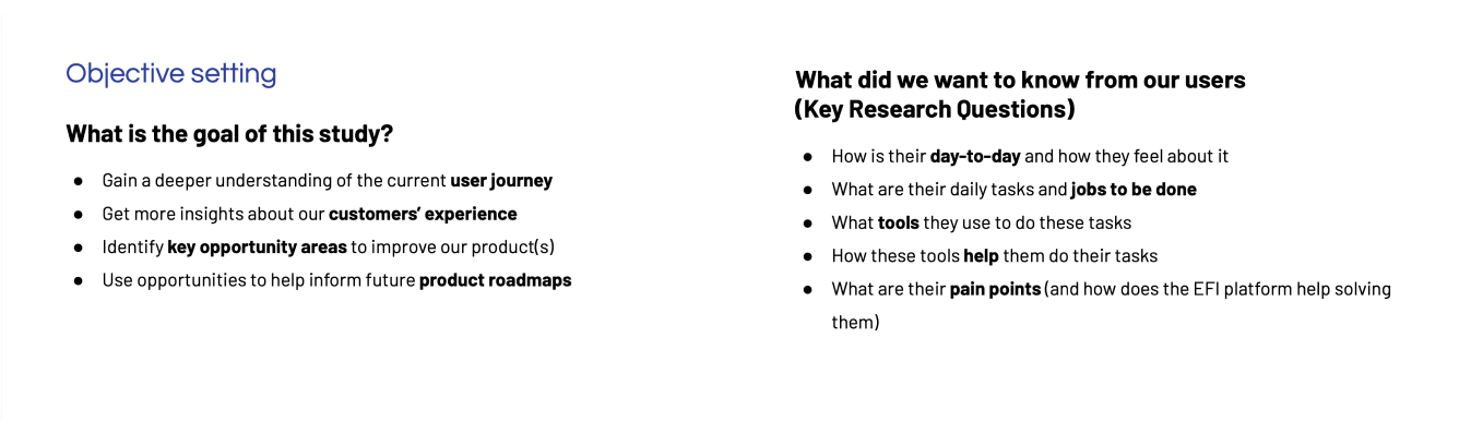 Presentation slide listing the research objectives, such as understanding workflows and identifying challenges